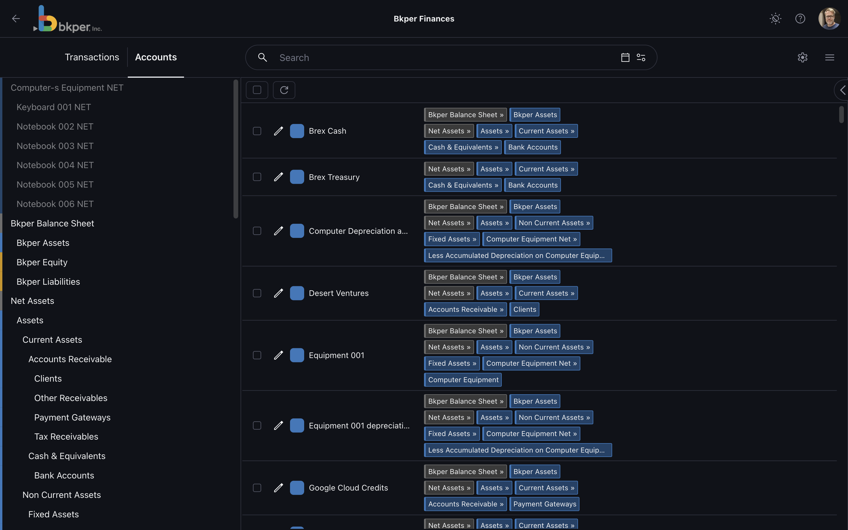 The current Bkper Accounts page showing account groups and hierarchy tags