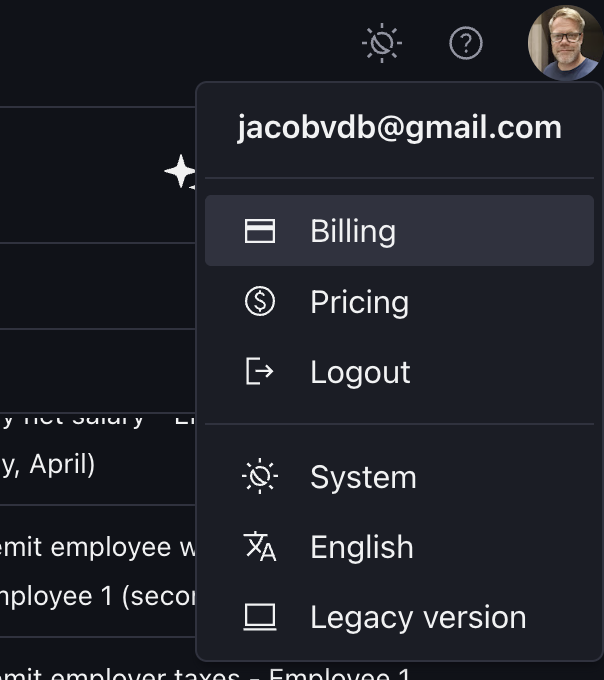 Bkper web app account menu with Billing selected
