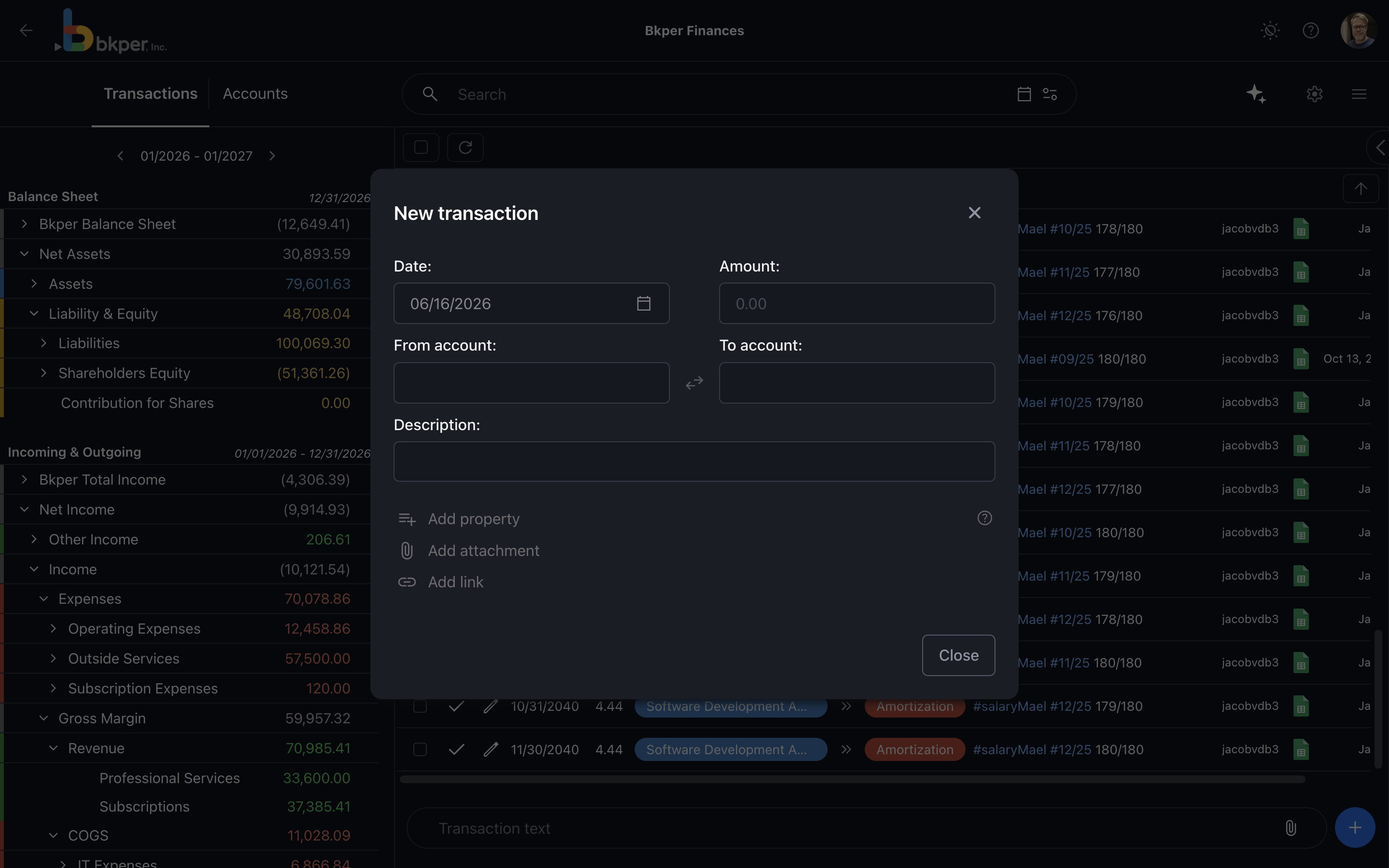 The current Bkper transaction form with date, amount, from account, to account, description, property, attachment, and link fields