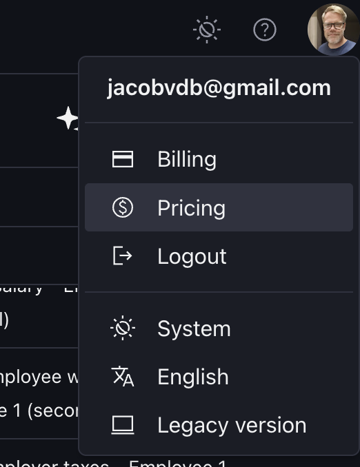 Bkper web app account menu with Pricing selected