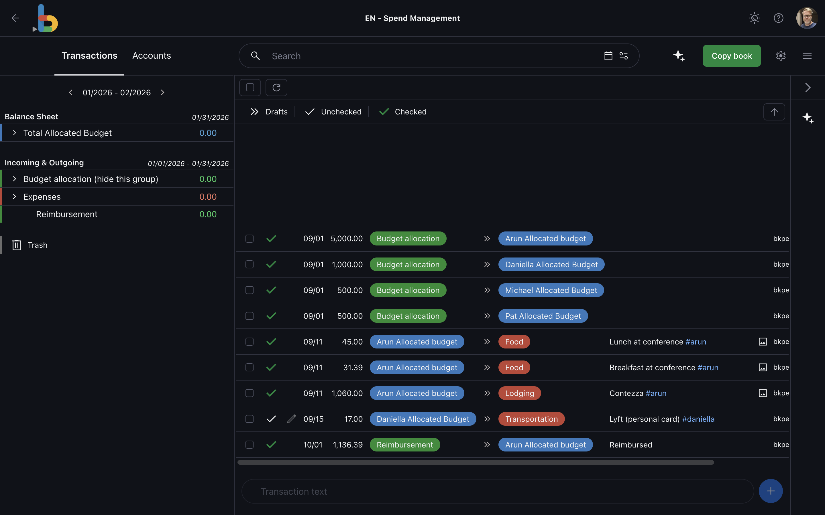 The current Bkper Spend Management template showing budget, expense, and reimbursement flows