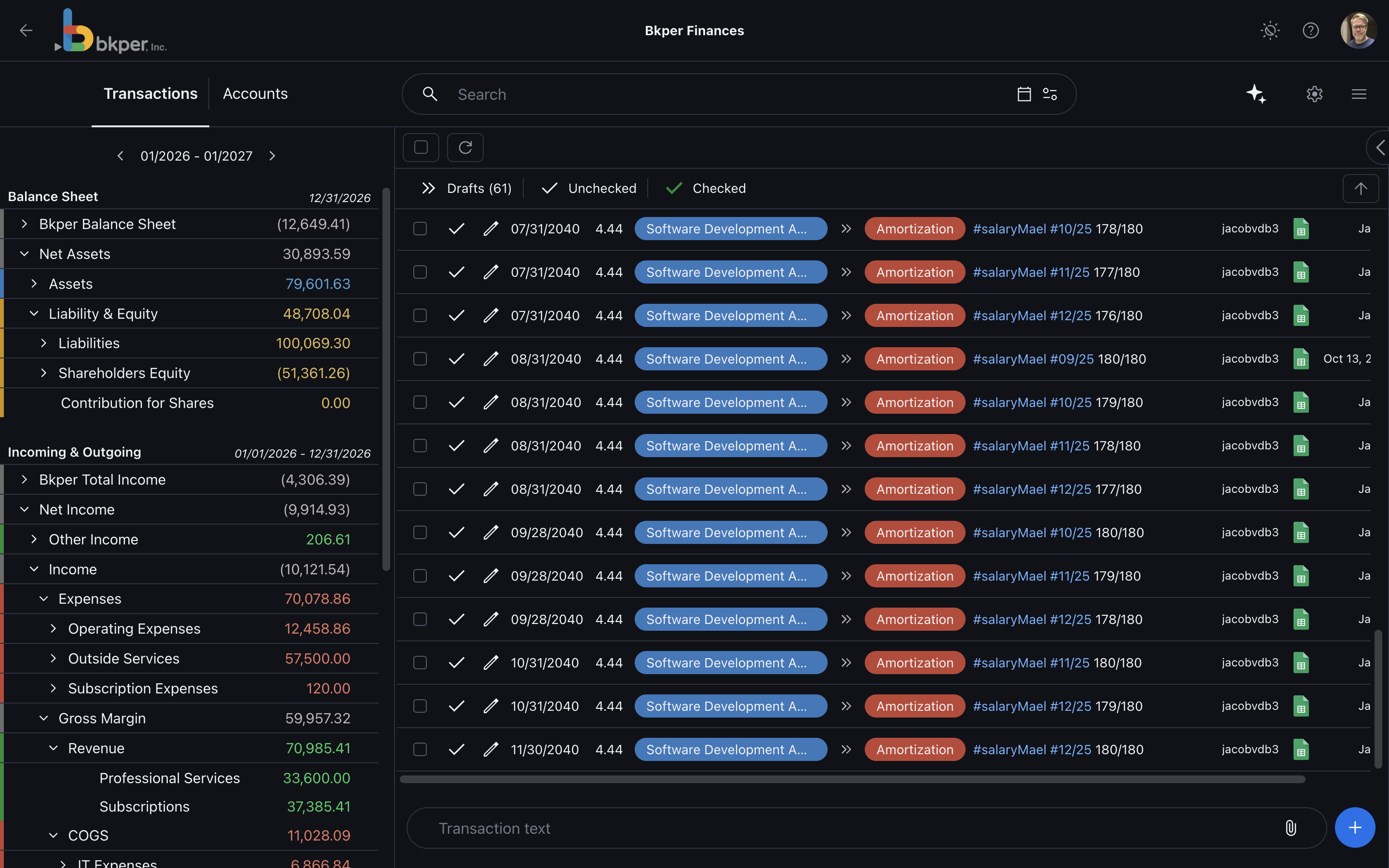 The current Bkper Transactions page showing the balance sidebar, transaction list, and record input