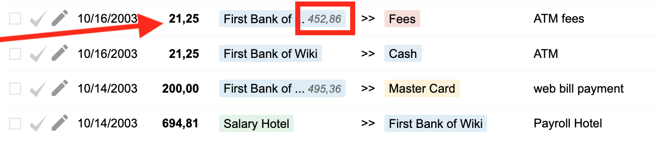 Bkper daily balance values on transactions for comparison with the bank statement
