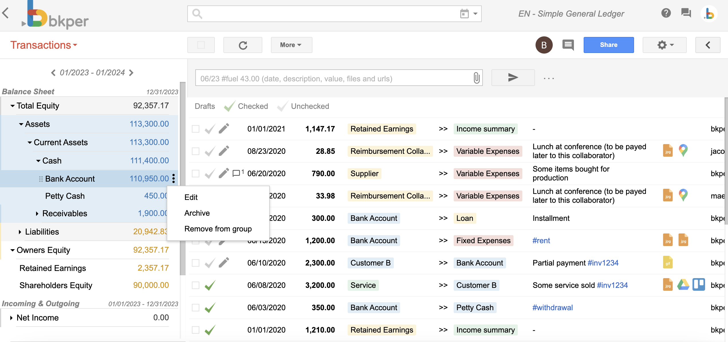 Editing an Account from the Transactions page left menu