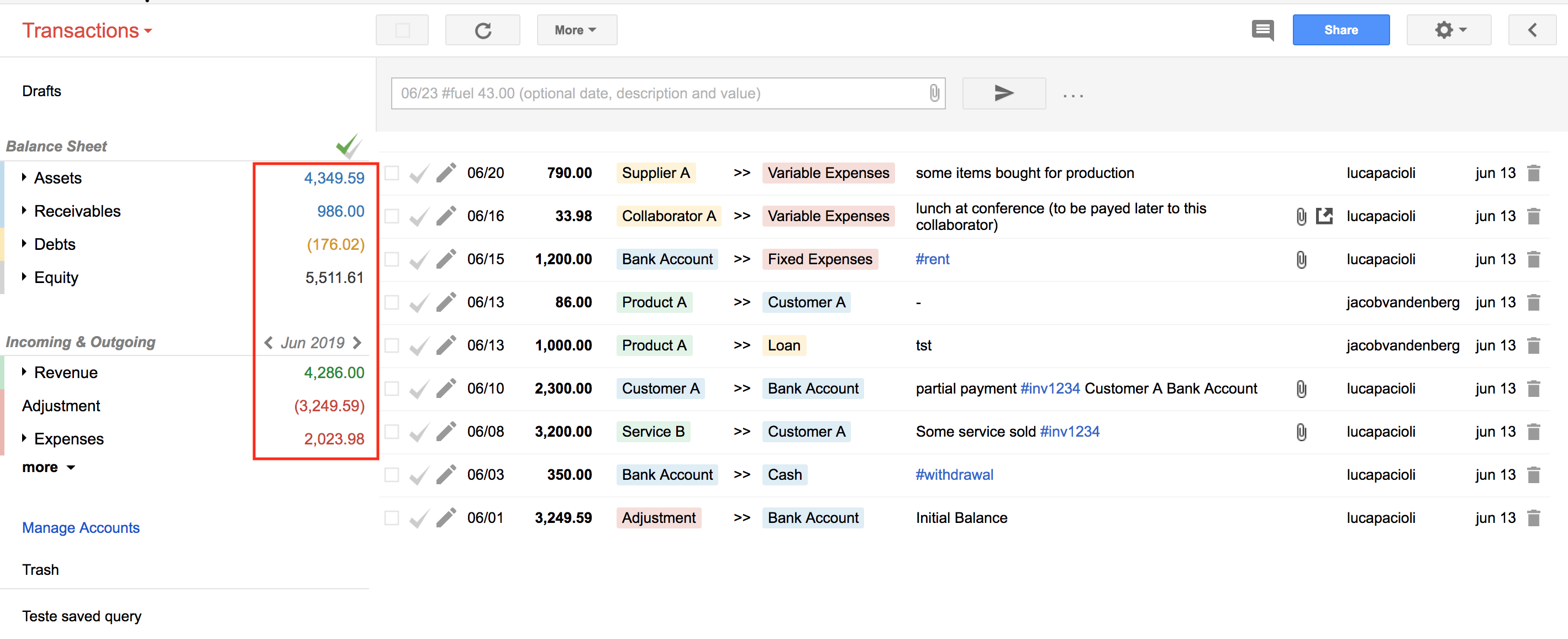 The Accounts Menu showing all Account and Group balances