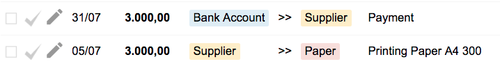 Bkper transactions showing a paper purchase on credit from Supplier followed by bank payment to Supplier