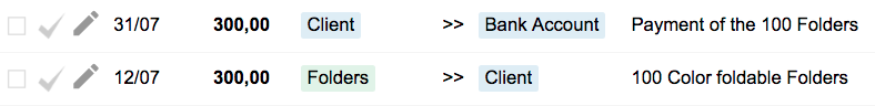 Bkper transactions showing a folder sale on credit to Client followed by client payment to Bank Account