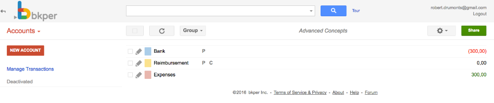 Account balances in Bkper reflecting all three transactions