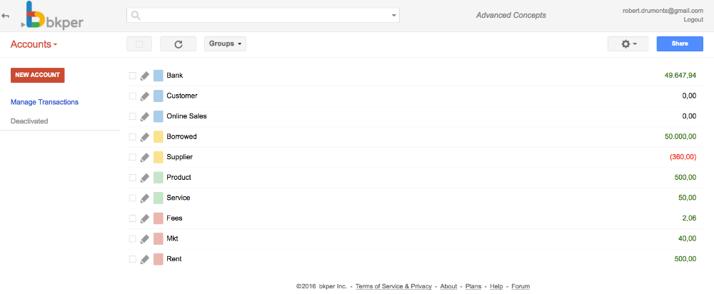 Accounts in the sidebar showing color-coded types and balance values