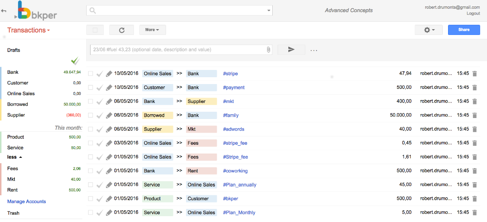 Transactions with color-coded accounts showing their types