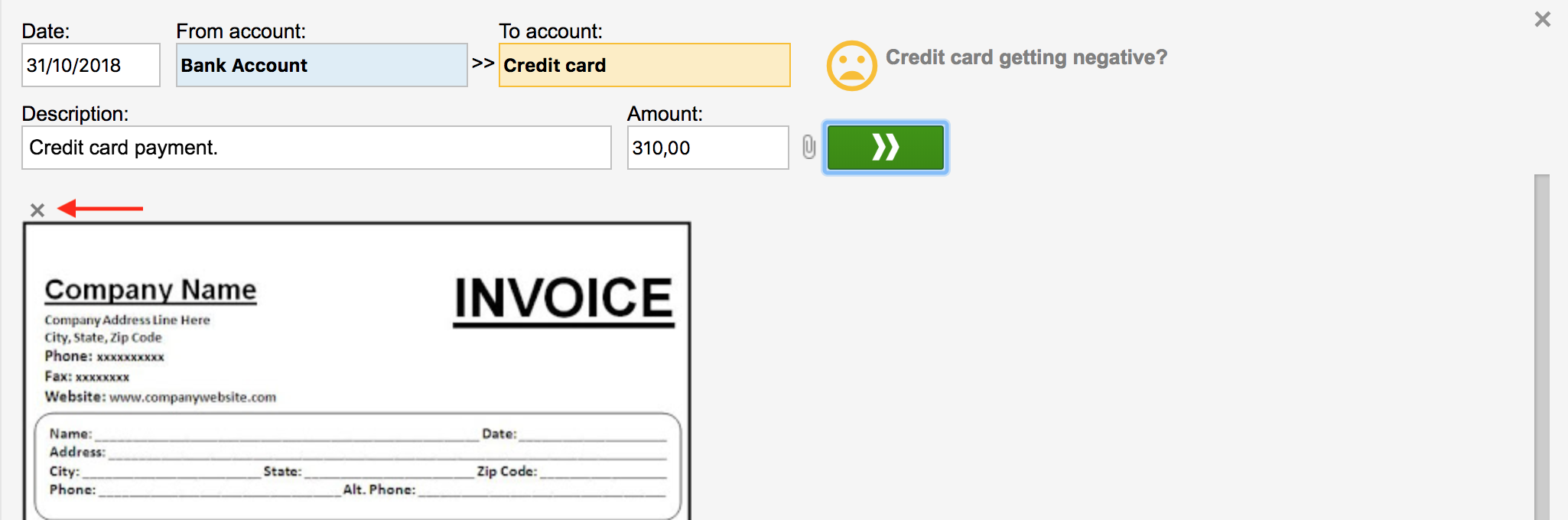 Removing an attachment from a transaction by clicking the X icon