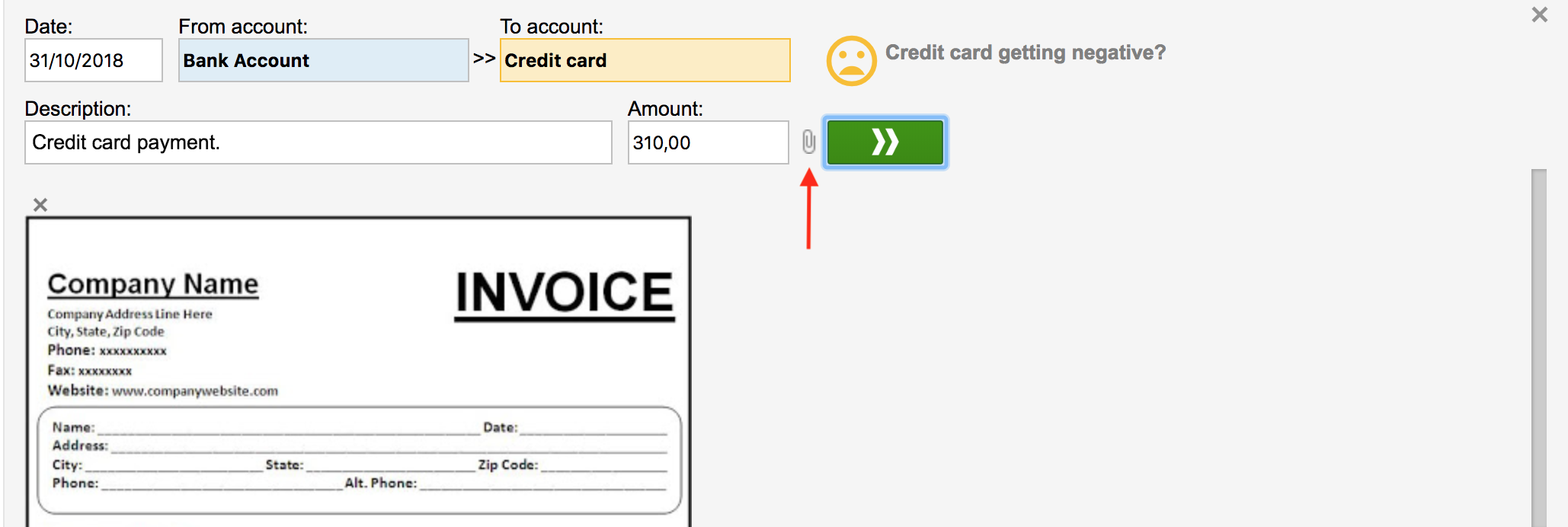 Viewing an attachment inline by clicking the paperclip on a transaction
