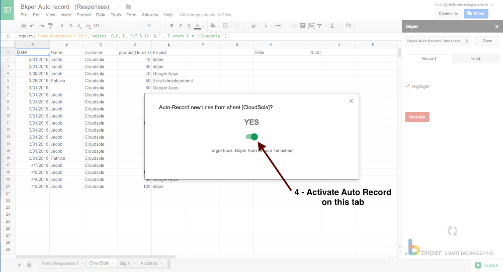 Auto Record toggle switched to YES in the Bkper Add-on