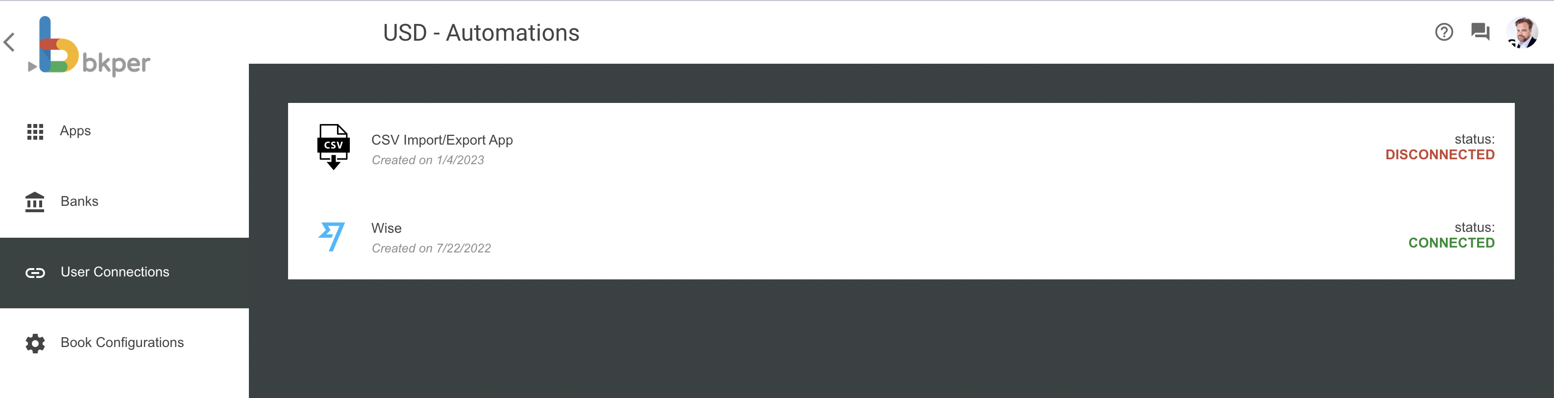 User connections list showing connected automations