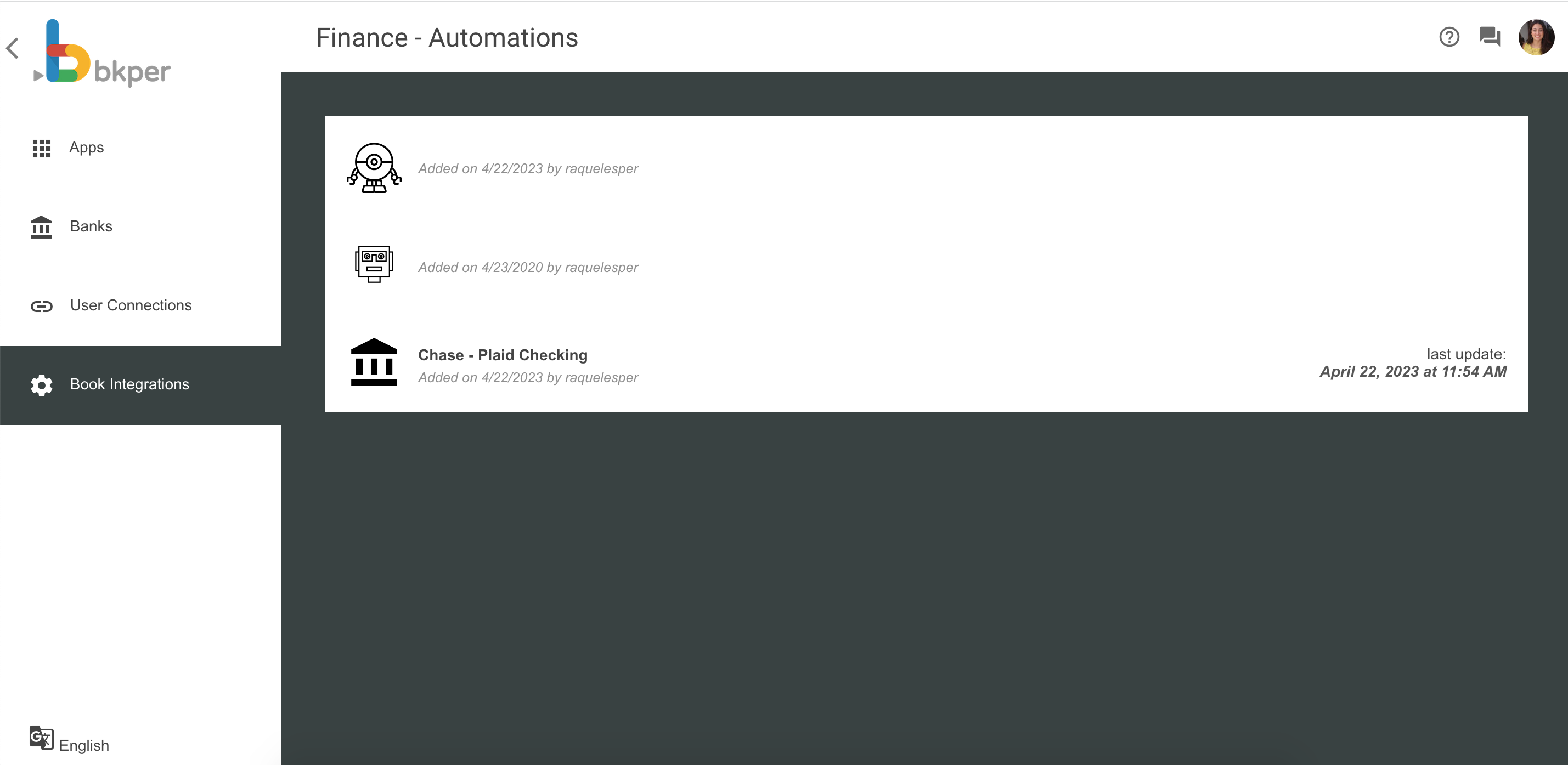 Book integrations showing configured automations and their details