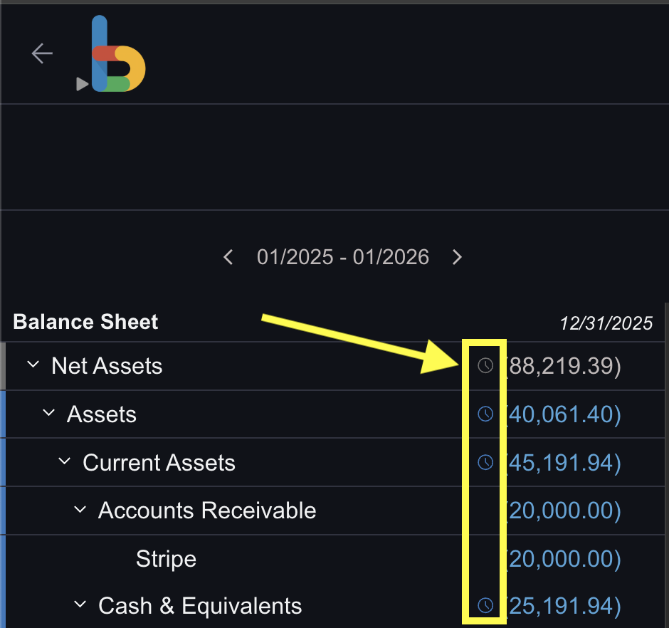 Bkper sidebar showing the clock icon next to account balances that have not yet been audited