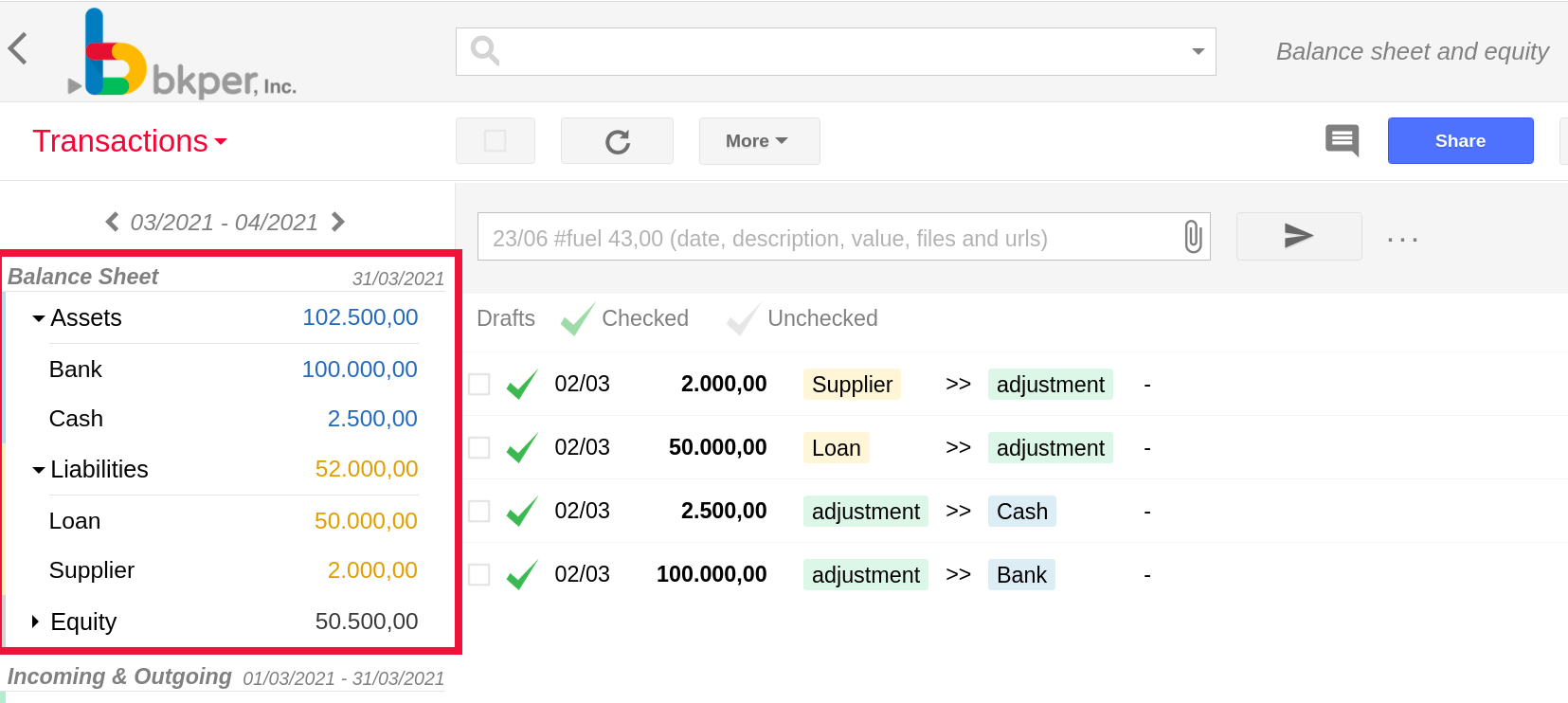 Bkper dashboard showing the balance sheet on the left sidebar