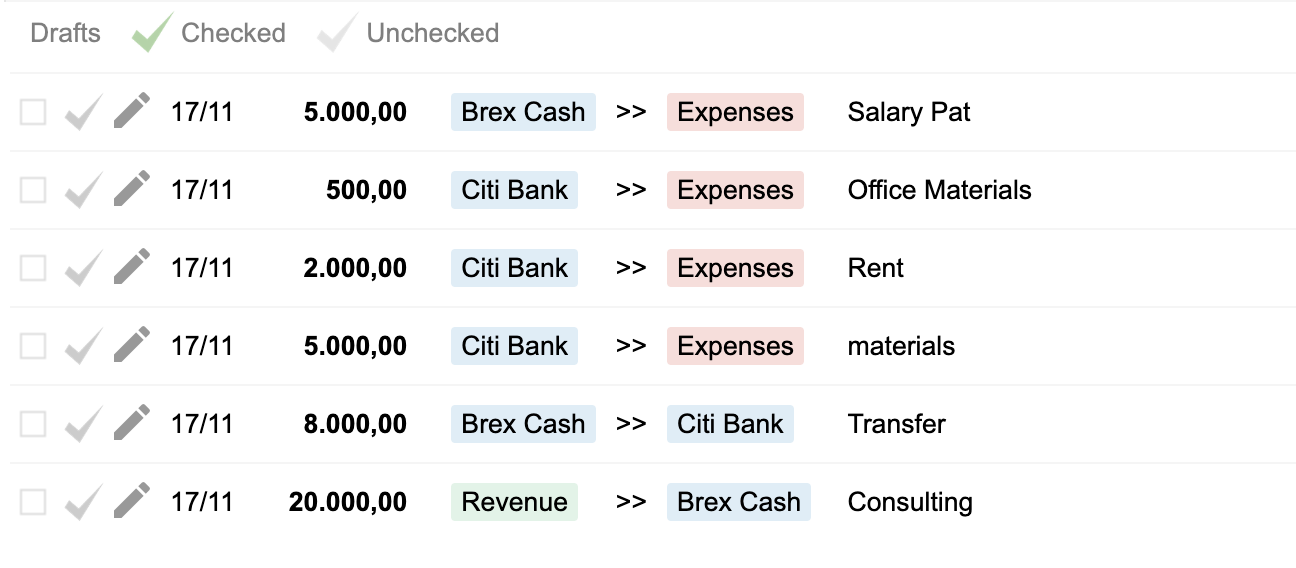 Bkper transactions showing movements to and from bank accounts