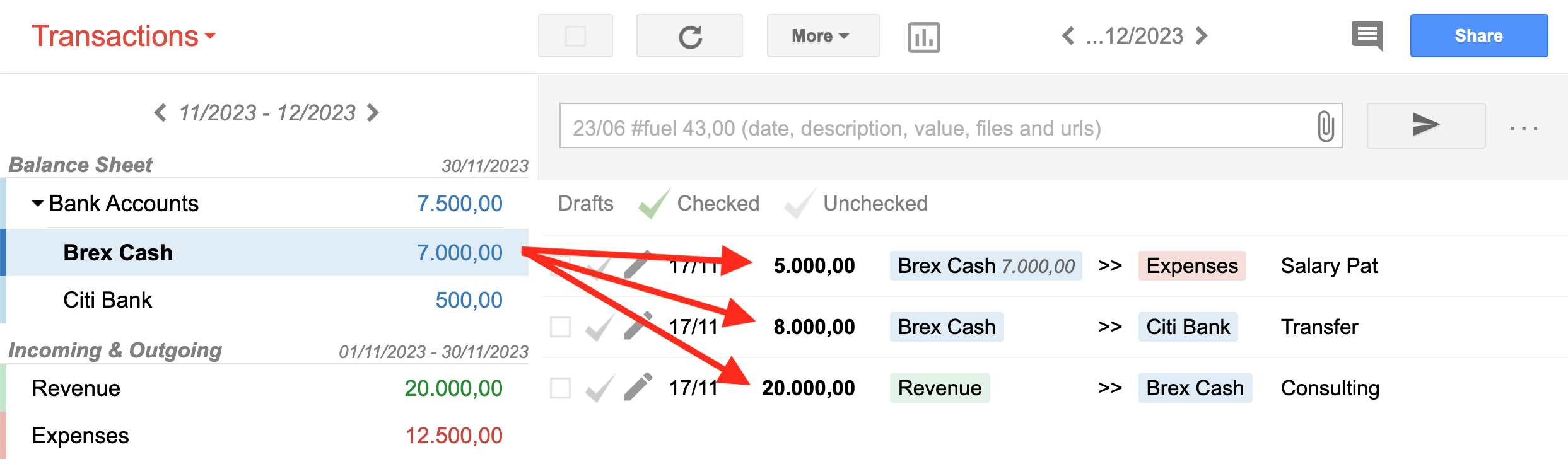 Bkper showing the Brex Cash account balance calculated from individual transactions
