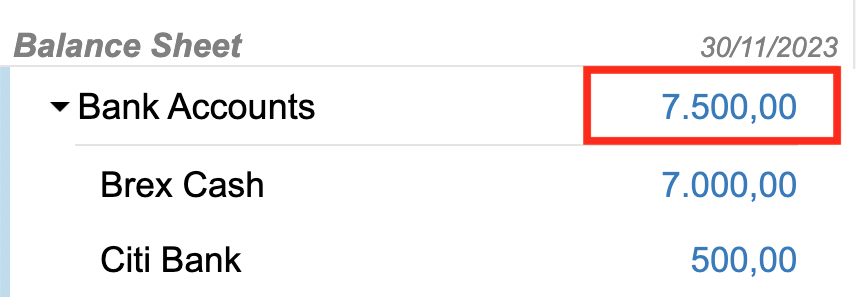Bkper sidebar showing the consolidated Bank Accounts group balance as the sum of individual accounts