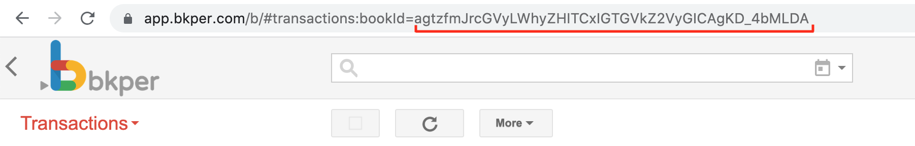 Bkper book URL with the bookid highlighted in the address bar