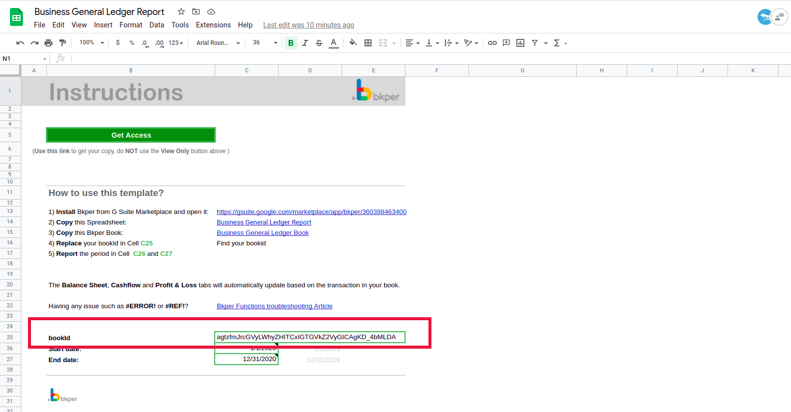 Google Sheets showing the bookid used in a Bkper Function to connect to a specific book