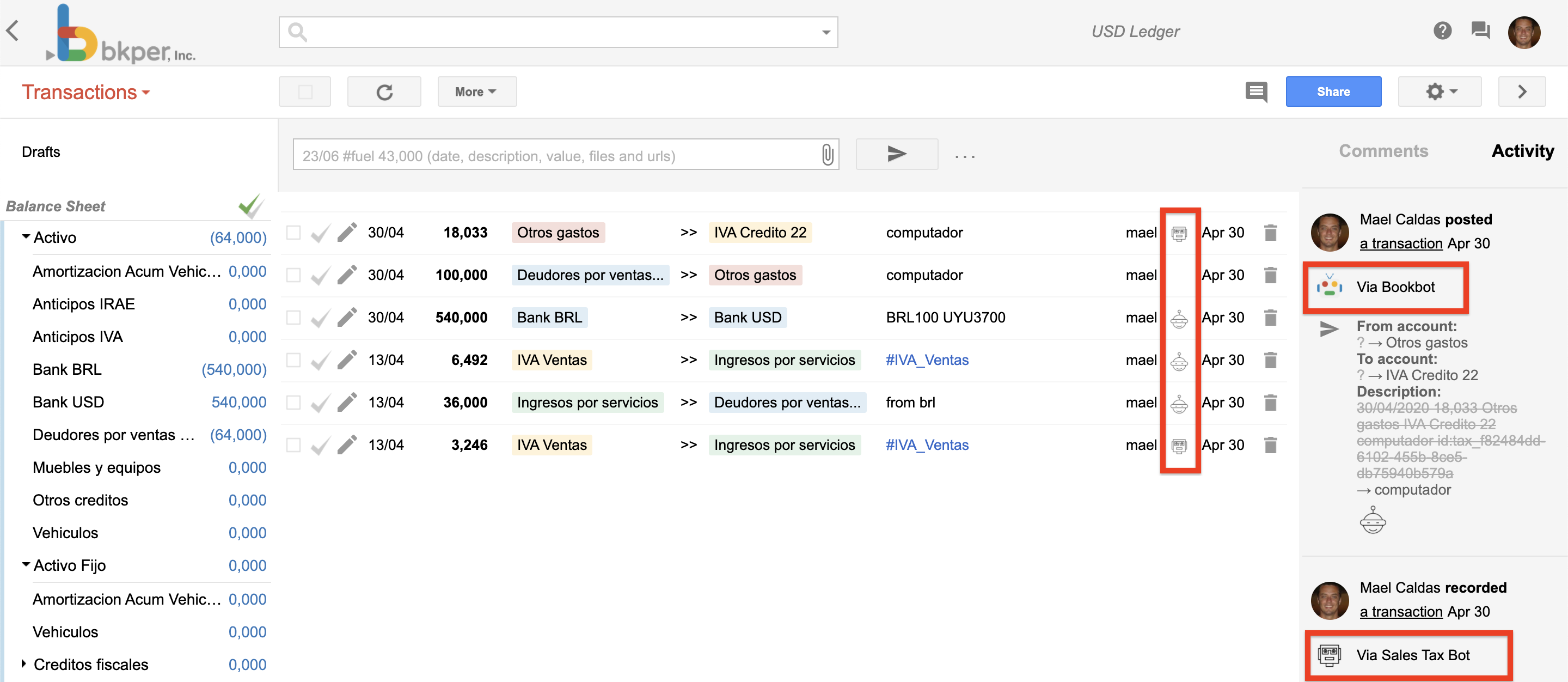 Events from automated agents identified by their logo and name in the Activities panel