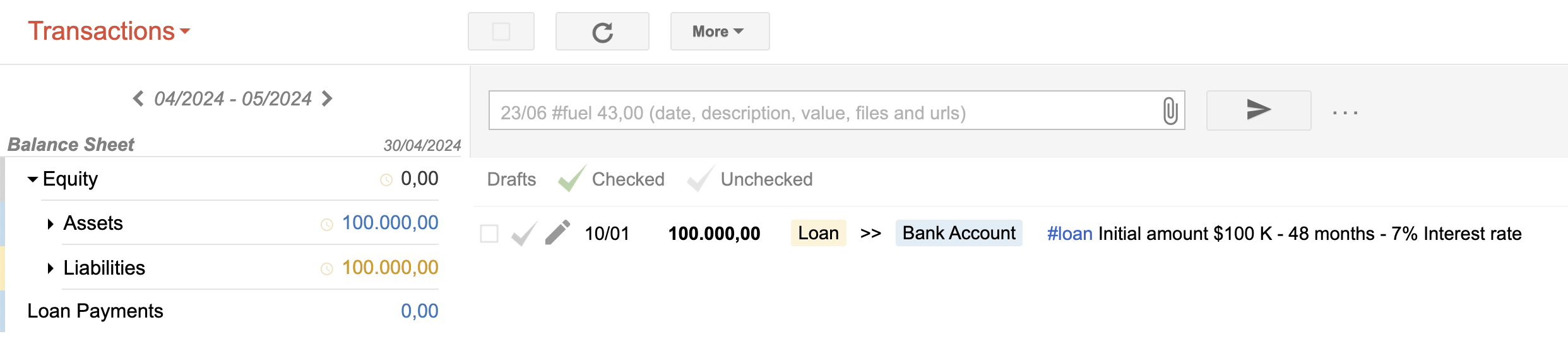 Bkper transaction showing the initial loan recorded from Loan Payable to Bank Account