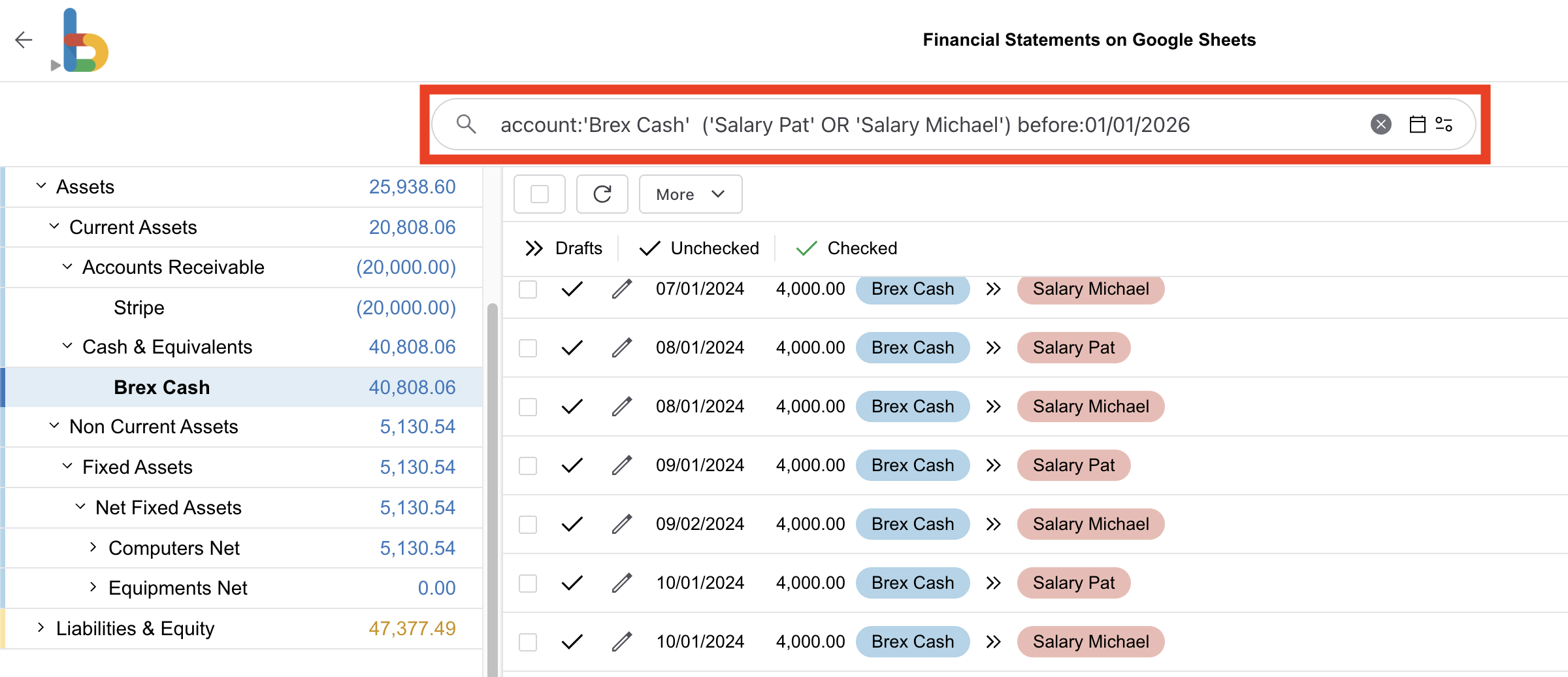 Bkper search results showing salary transactions from the Brex Cash account