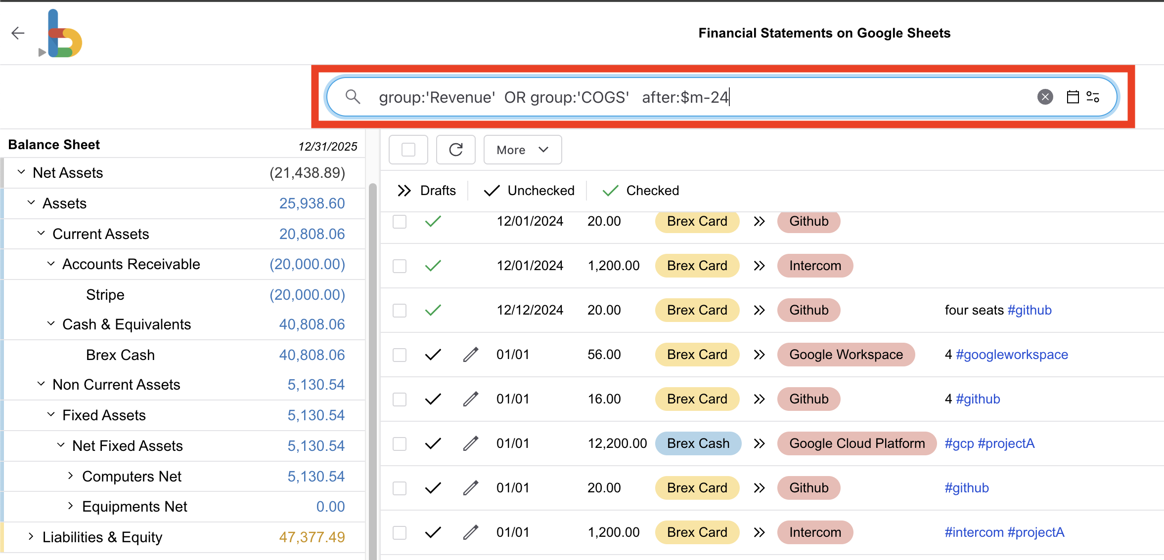 Bkper search results showing Revenue and COGS groups with balance chart over 24 months