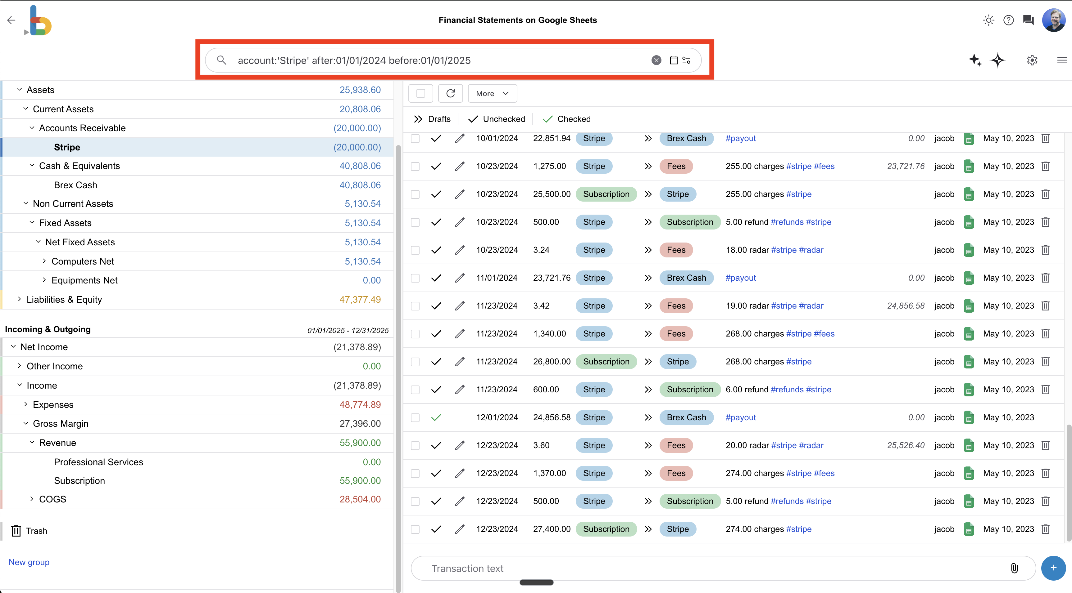 Bkper search field on the transactions page