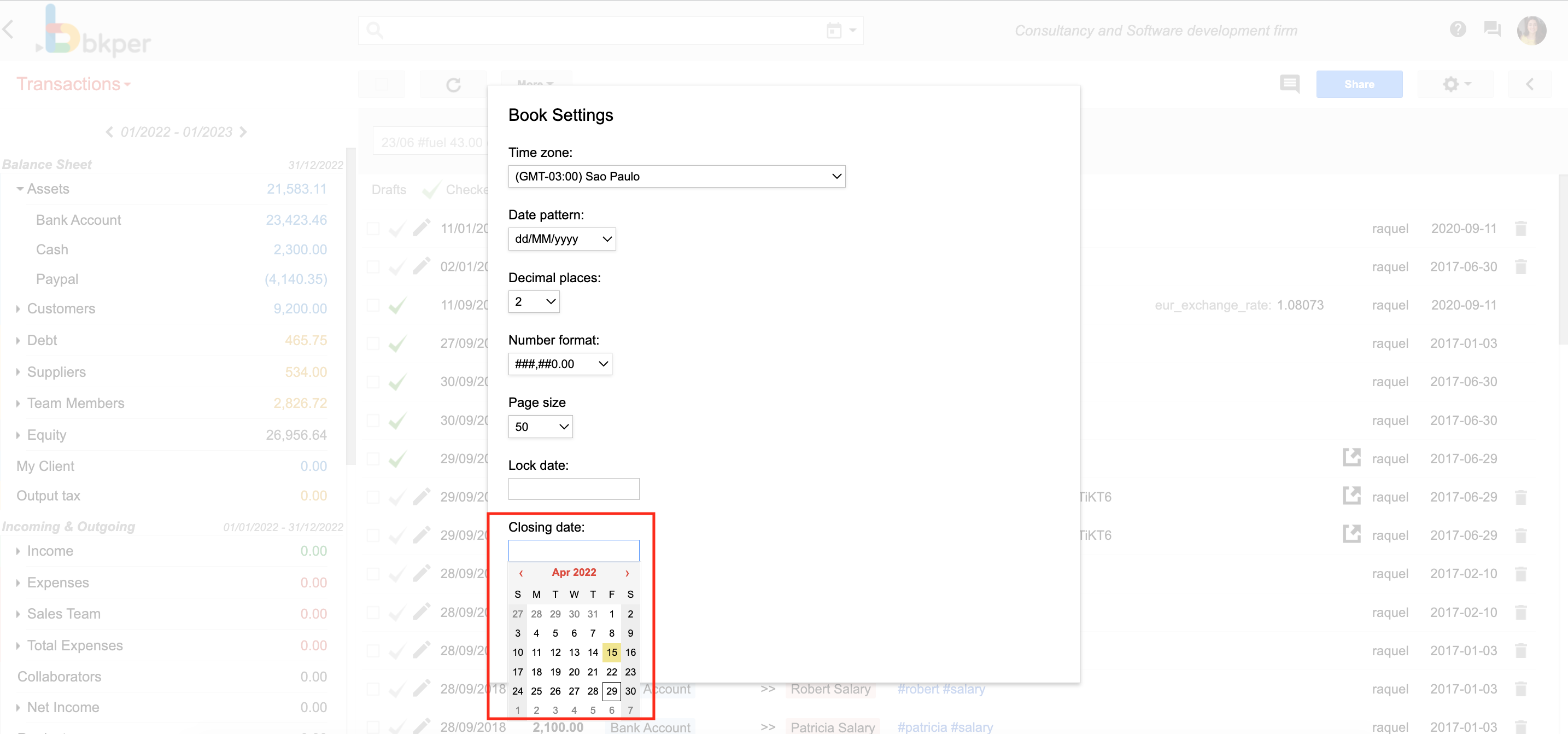 Bkper settings showing the closing date configuration