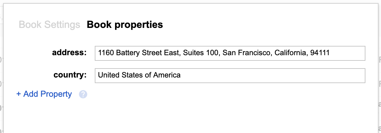 Bkper book properties panel showing key/value pairs for company metadata