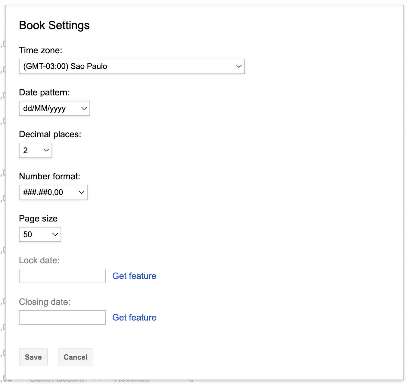 Book settings detail view showing available options