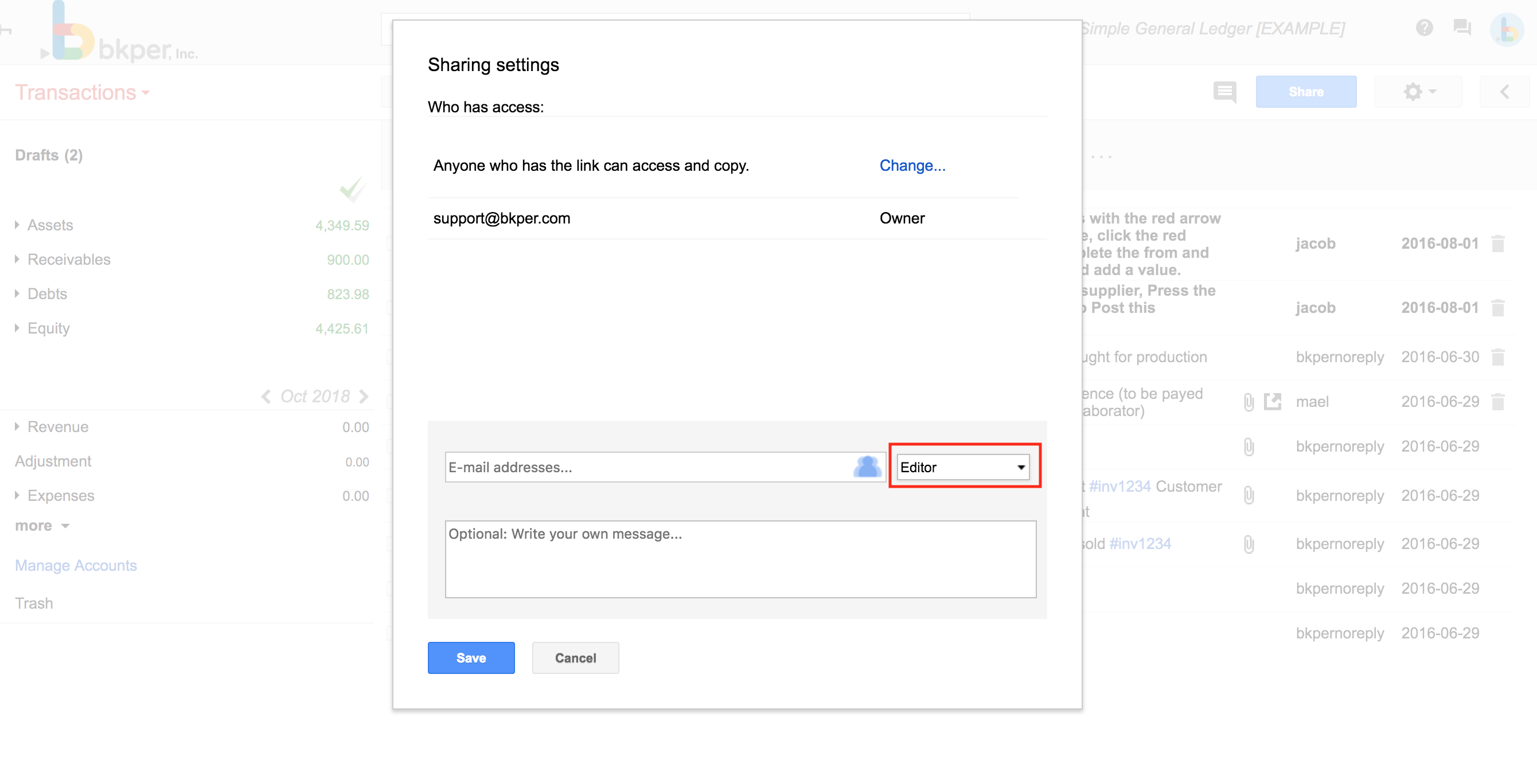 Permission levels displayed in the Bkper sharing dialog