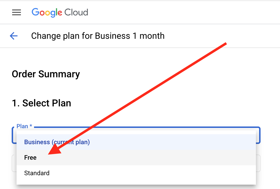 Plan selection screen showing Bkper Free on Google Cloud