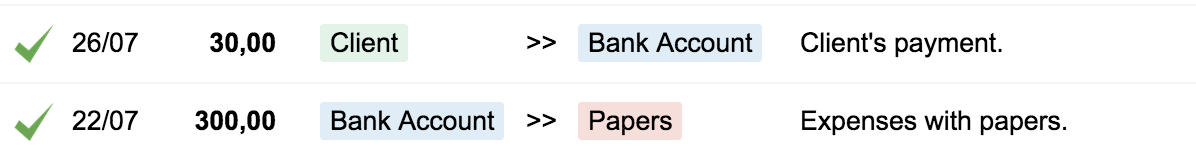 Bkper transactions showing a cash expense for papers and a cash receipt from a client
