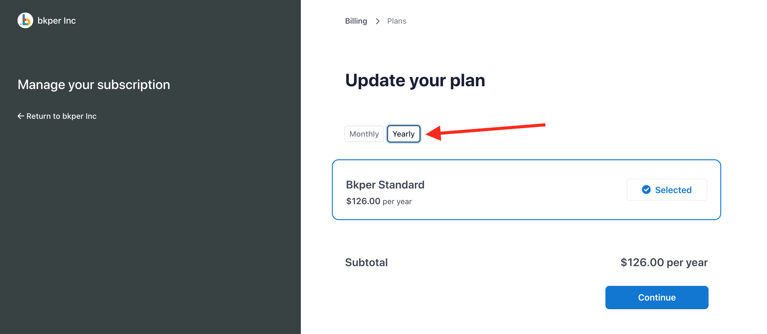 Plan update screen with the Yearly billing option selected