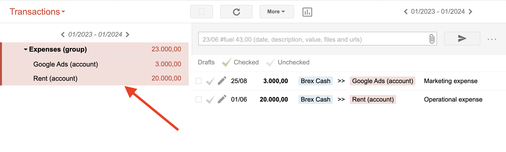 An Expenses group containing multiple expense accounts with a consolidated total