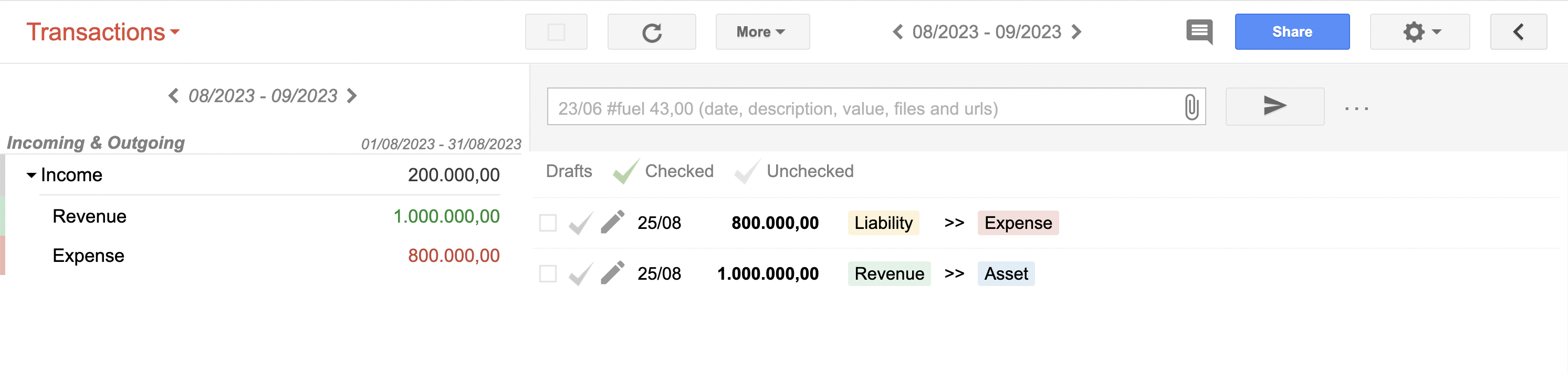 Incoming and Outgoing accounts grouped together showing the Income result