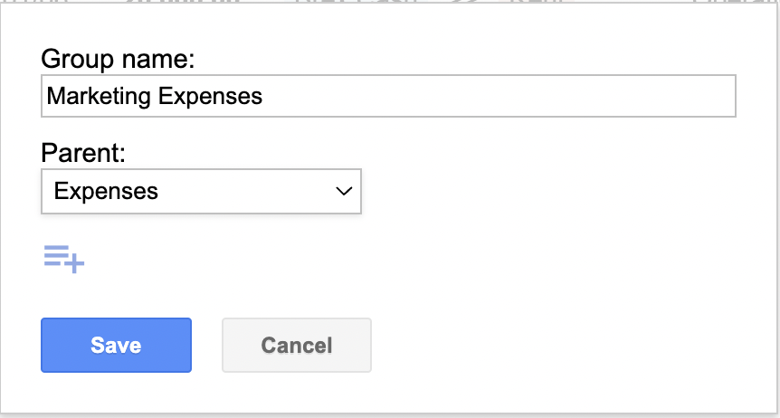 Setting Expenses as the parent group for Marketing Expenses in the group editor