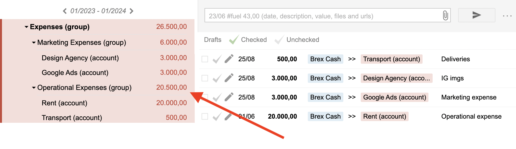 Expenses group divided into Marketing Expenses and Operational Expenses subgroups