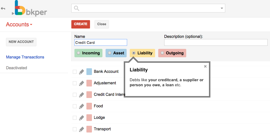 Bkper chart of accounts showing a Credit Card as a liability type account