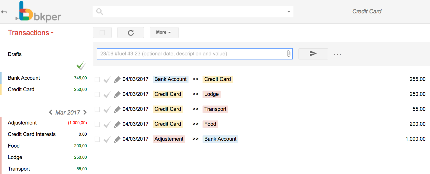 Bkper transaction showing a partial payment reducing the Credit Card balance to 250