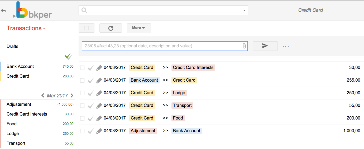 Bkper transaction showing interest charges added to the Credit Card balance