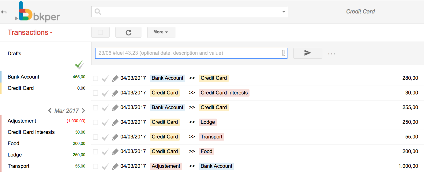Bkper transaction showing the full payoff zeroing the Credit Card balance