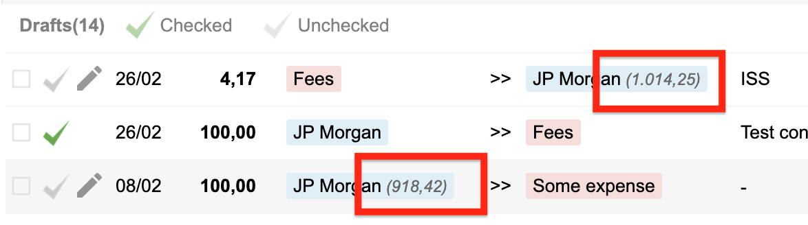 Viewing the daily running balance by clicking a permanent account