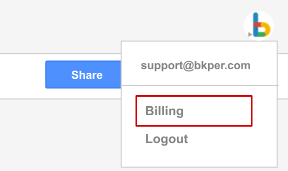 Bkper web app showing the avatar menu