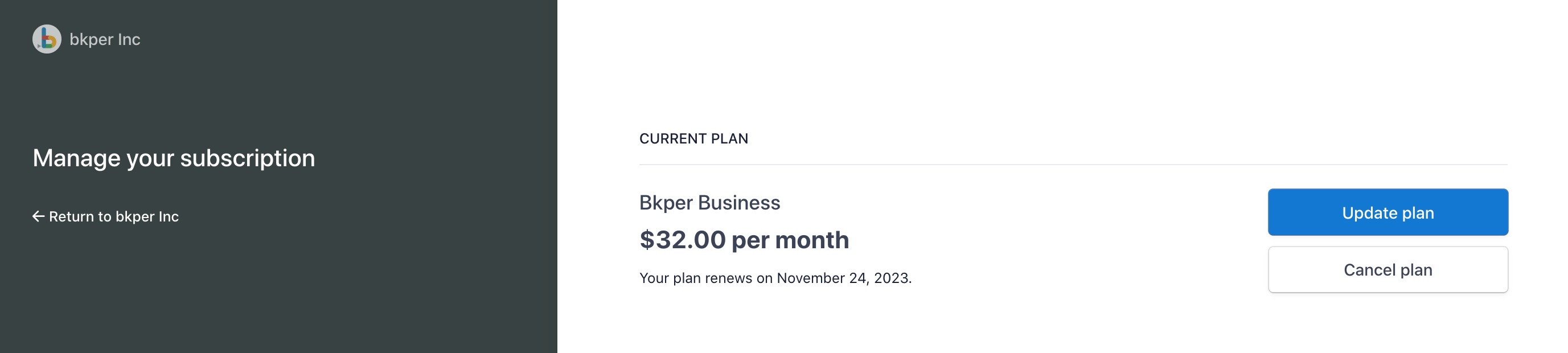 Bkper Billing page with the Update plan button
