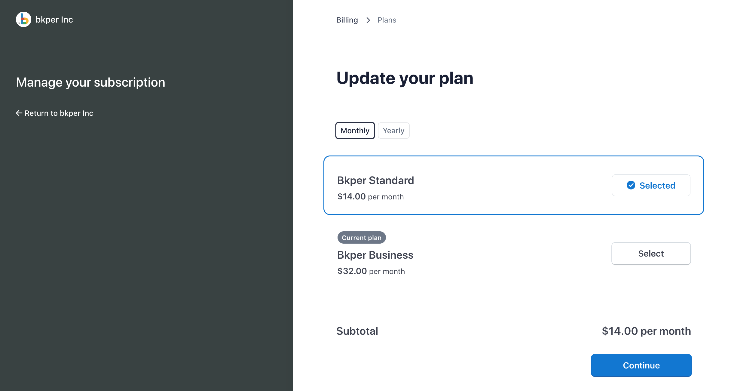Plan selection screen showing available Bkper tiers